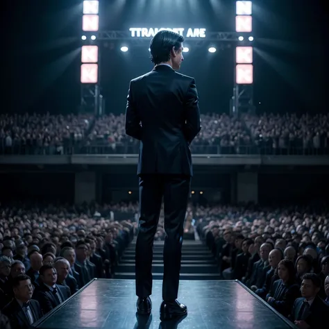 human figure, dark hair, blue formal wear, with his back to the camera, on a raised platform, speaking to a crowd of thousands of people. The scene is outdoors, with a clear sky, with late afternoon or early morning colors. Photorealistic image.