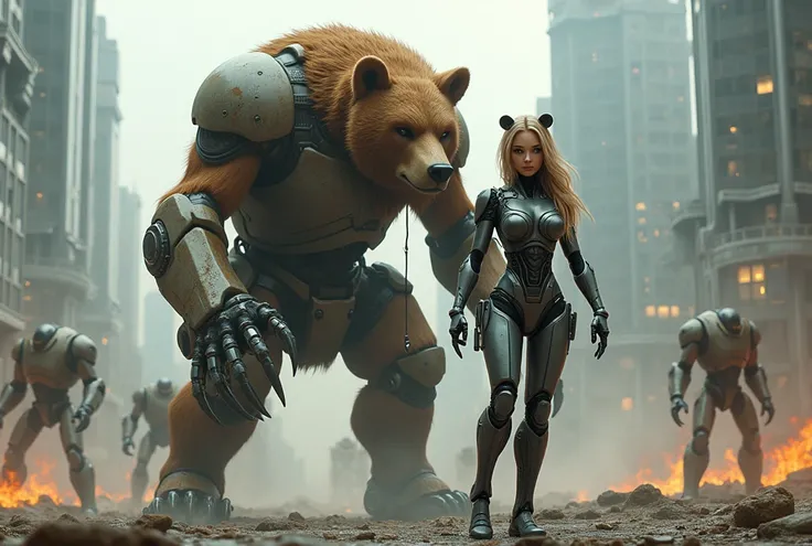 ((A beautiful girl combat cyborg and her partner, a brown bear cyborg))、Two cyborgs、(The cute girl&#39;s partner is a big brown bear)、Angle from below、(Perfect Anatomy:1.4)、Watching the audience、A futuristic cityscape that has become a battlefield against ...