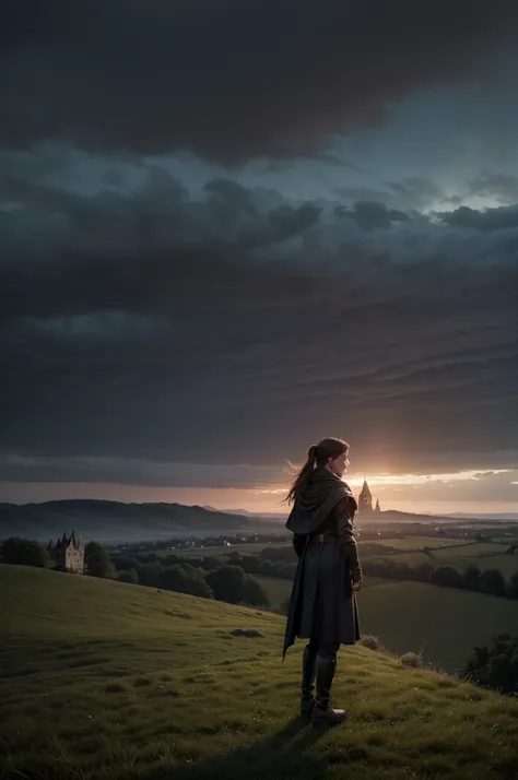 a magical and medieval landscape where a young man with short brown hair, dressed in a black cloak, stands atop a lush green hill. In the background, a majestic yet weathered castle rises against the twilight sky. The castle is surrounded by small villages...