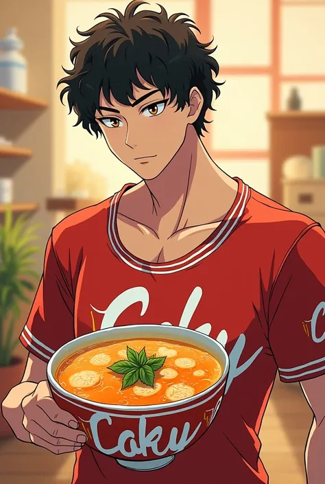 A curly-haired man in an instant soup shirt. It&#39;s a soup that became a man, it must be sensual. The idea is that it&#39;s a soup but a male version. The theme is instant soup, Laky brand. Short curly black hair, almost 3 cm long, light skin. Somewhat p...