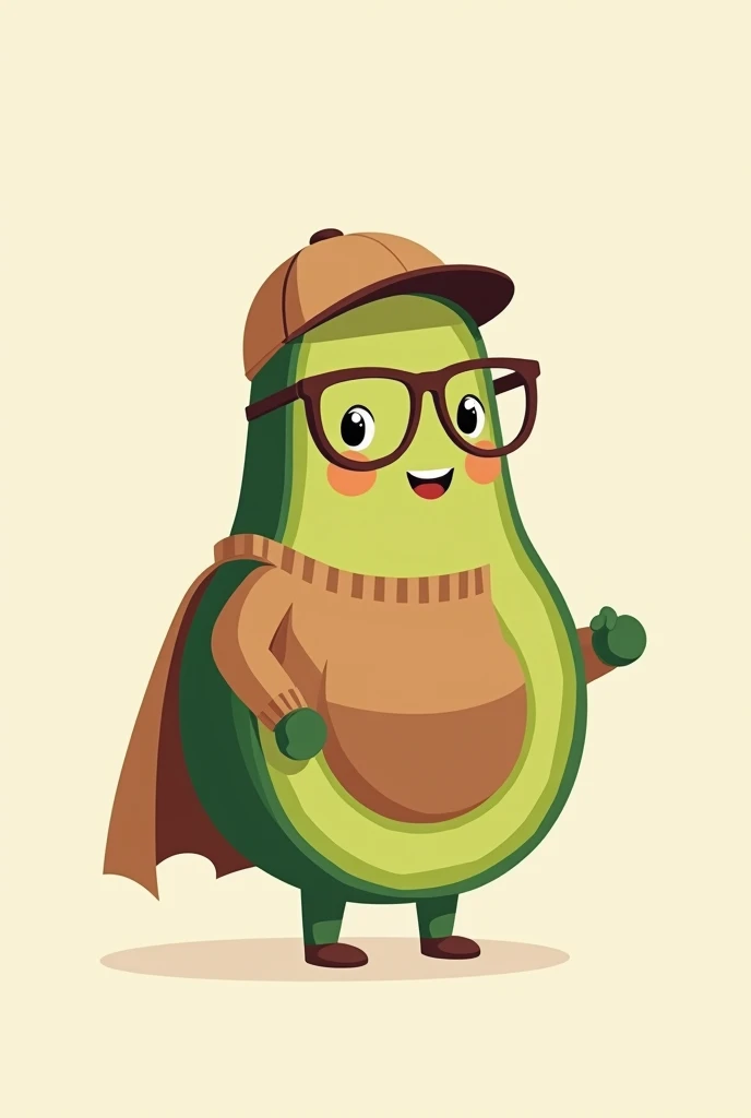 Drawings of a cute little avocado (fruit) referring to a superhero with a brown carhartt sweater and a brown cap upside down with brown glasses drawn in a minimalist logo style 