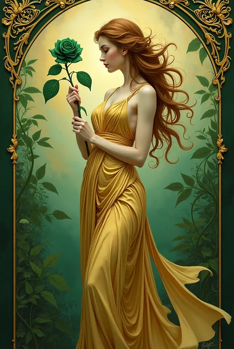 An art nouveau painting in green and gold holding a green rose