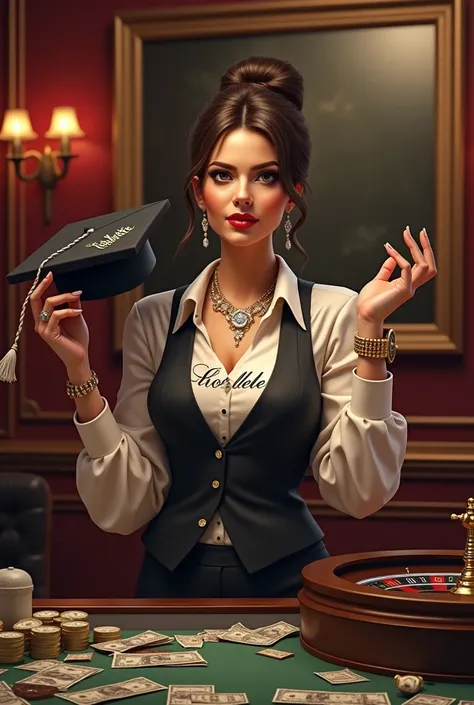 A woman in a customized roulette-themed gaming room, money on the roll table, the woman giving a class on the roulette course, she with a vest and blouse that says godfather, she with Rolex on her wrist, diamond chain and a graduation cap in hand with roul...