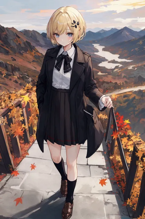 Masterpiece, solo, 1girl, overcoat, hair ornament, short skirt, short blonde hair, small black socks, autumn mountain