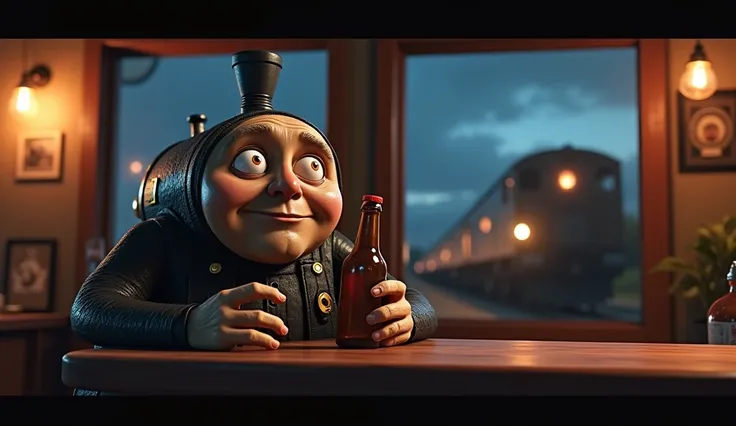 An anthropomorphic train. The train has arms. the train is holding a bottle in its hands. The brain has eyes and a mouth. The brain appears drunk. It is at night in a bar. There is a window in the bar. A train can be seen from the distance in the window.