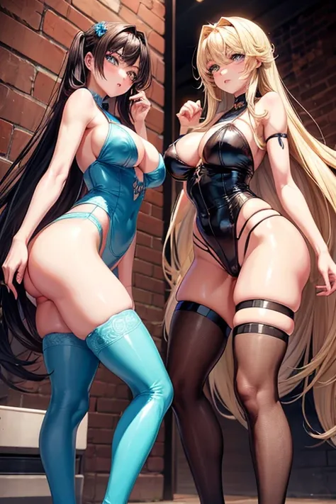 Draw Suzy and Samantha, two sexy 20 year old characters in anime style. (Long black hair down to the waist, lightbrown eyes, breasts small, slim and sexy body, big-ass). (Another blonde character with waist-length hair, blue colored eyes, breasts small, Wa...