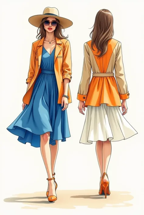 Make a fashion sketch using a blue and orange summer outfit , beiges. One drawing from the front and one from the back