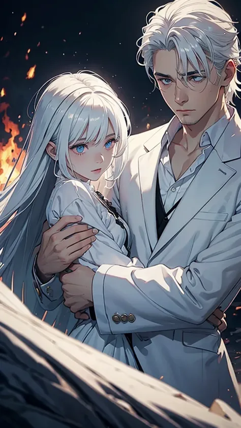 A man with white hair and white clothes, holding an unconscious girl in his arms while staring at a burning kingdom in the background 