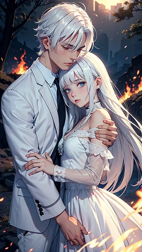 A man with white hair and white clothes, holding an unconscious girl in his arms while staring at a burning kingdom in the background 