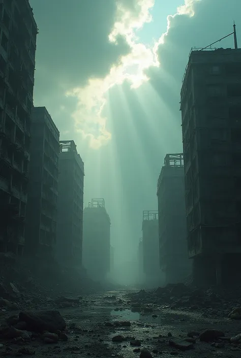 Distopic scenary of a destroyed city, with cloudy sky with sun light coming through the clouds