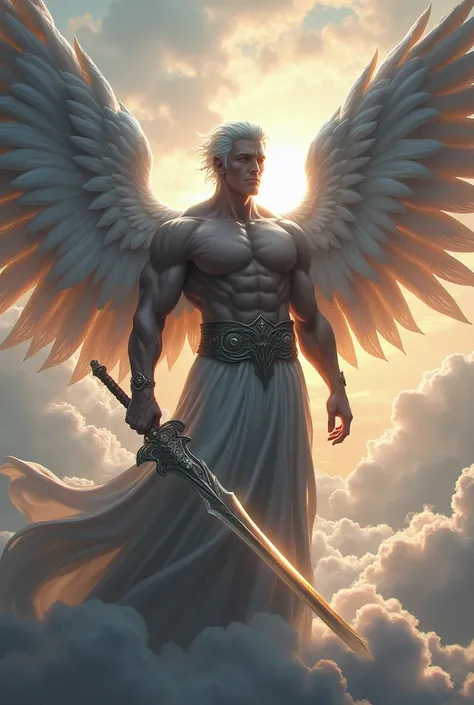 Make a male angel with a sword with his wings spread out facing away

