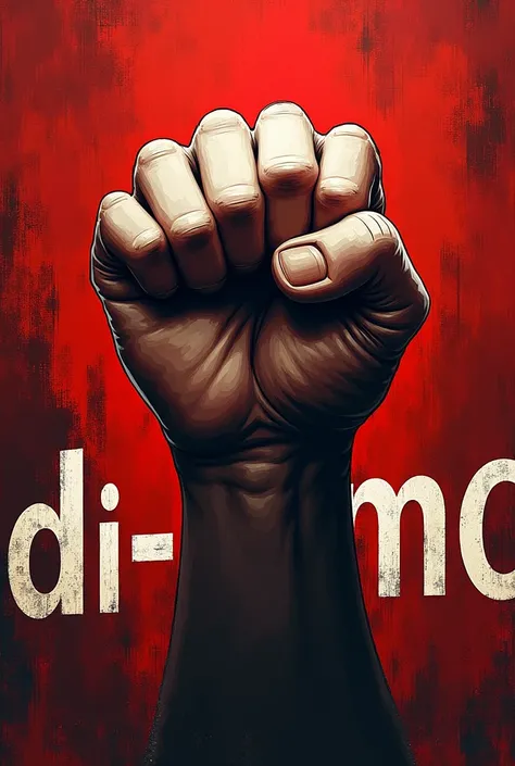 An image with a clenched fist written Di-emc in the background