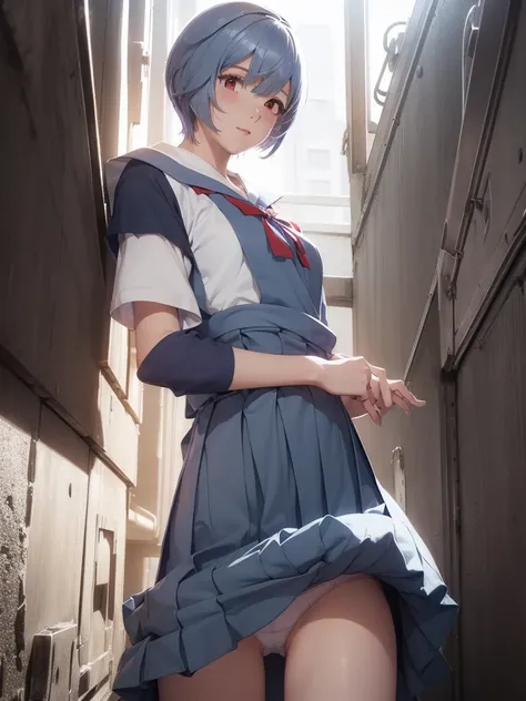 (Tabletop, Highest quality, Very detailed, 8k, wallpaper, Realistic), ((Perfect hands)), ((Perfect Anatomy)), in the abandoned building、Medium cleavage,  ((Charming anime character)), ((Rei Ayanami)), ((Capture her mysterious beauty with her white skin, Th...