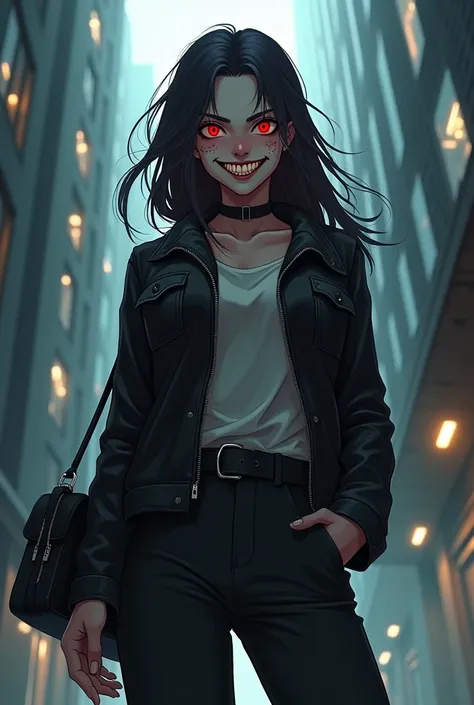 A tall young woman with an evil appearance. His red eyes glow with intense hatred., contrasting with her pale, translucent skin. His crooked smile reveals sharp teeth, and subtle scars cross his face. Shown shouting modern, like a fitted black leather jack...