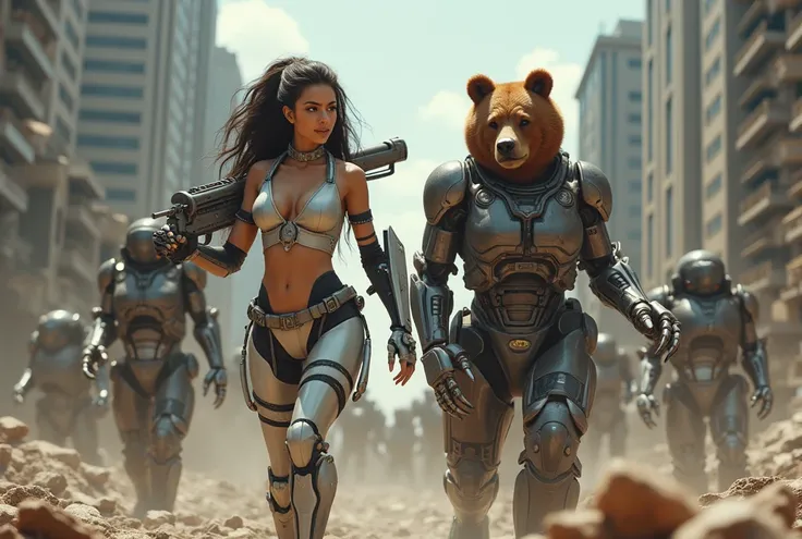 ((A beautiful girl combat cyborg and her partner, a brown bear cyborg))、Two cyborgs、(The cute girl&#39;s partner is a big brown bear)、Angle from below、(Perfect Anatomy:1.4)、Watching the audience、A futuristic cityscape that has become a battlefield against ...