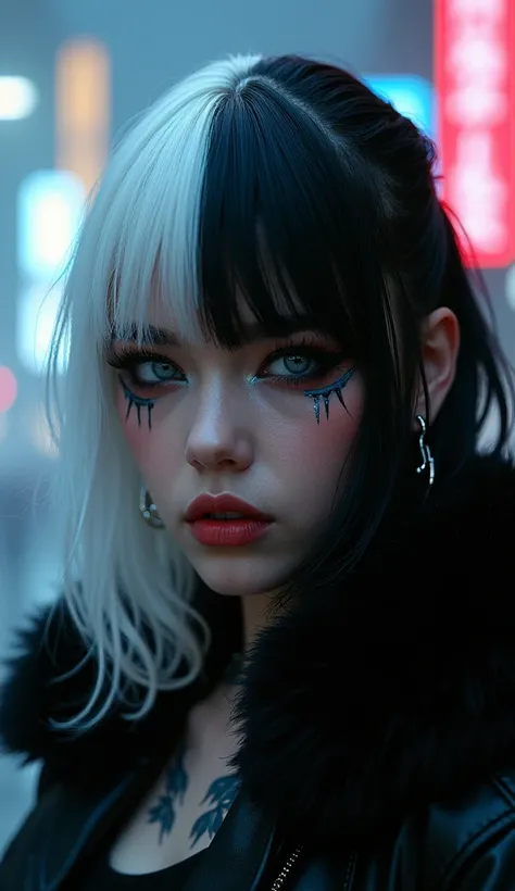 Girl、tattoo、fog、cyberpunk、black fur、monochrome、half white and half black、hyperrealistic, neon, made up