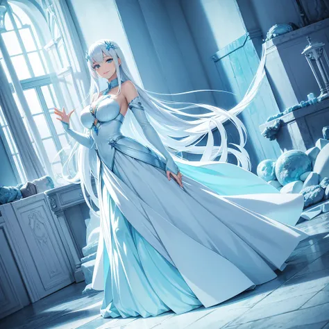 Anime ice princess full body view with perfect hands, huge Breasts,white hair, aqua eyes, ice woman, hands hidden, living room, smile, ice world 