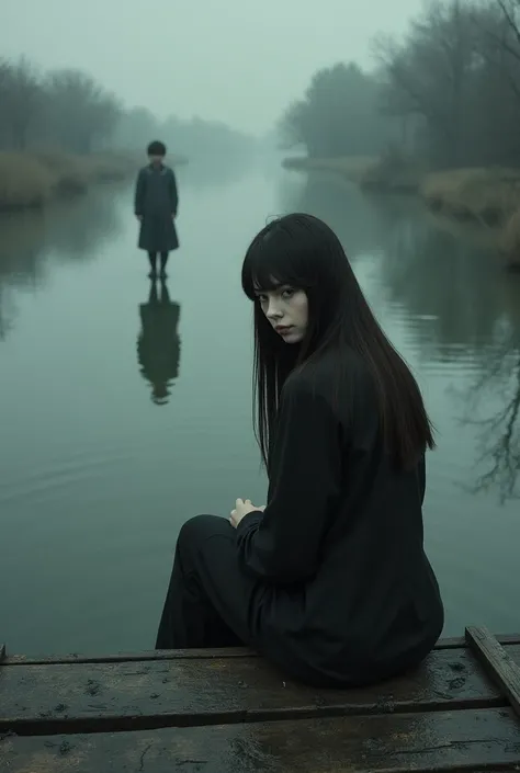 a 20 year old girl with very white skin, long and very straight dark brown hair, dark brown eyes, She is sitting on a bridge, sad, In the distance you can see the reflection of a person who is approaching her but his face cannot be seen.