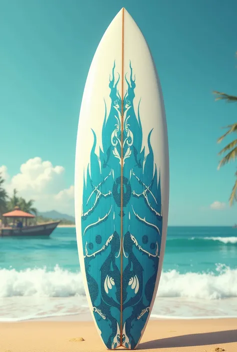 A white Fish Surfboard with a blue retro design