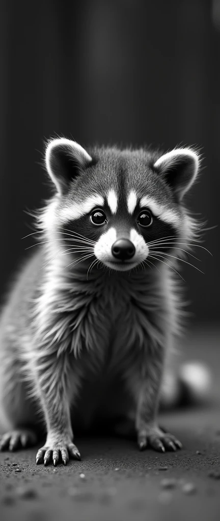 purple theme, monochrome, A captivating photograph of a cute extra fluffy baby realistic raccoon