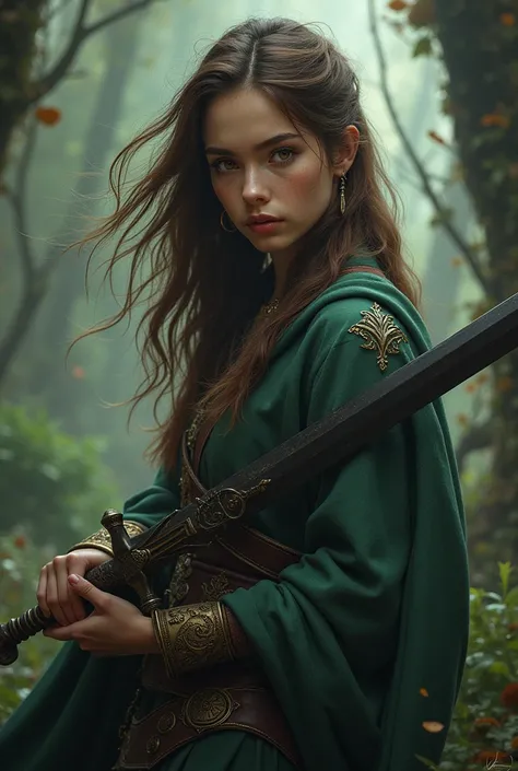 young woman vagabond with triangle face she is a knight herbalist with brown hair and amber eyes with her weapon in dark fantasy style