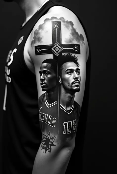 Tattoo that brings Michael Jordan together with the Bulls, Neymar Junior at Barcelona and a cross of Jesus Christ with the sky in the background on the front of the arm that occupies from the shoulder to the forearm. Let it be without color, That is to say...