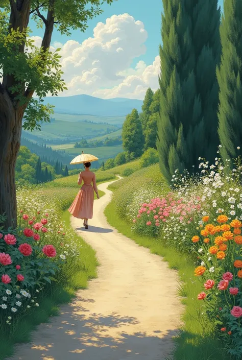 A wild pathway spilling with summer flowers, a distant view of a noblewoman passing by with a parasol, the figure of the noblewoman blending into the landscape, the scene of Cézannes painting, illustration, and the best quality of the picture.