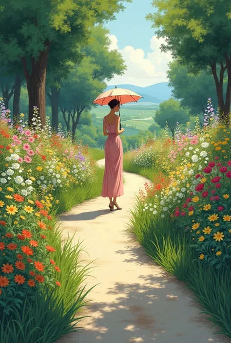 A wild pathway spilling with summer flowers, a distant view of a noblewoman passing by with a parasol, the figure of the noblewoman blending into the landscape, the scene of Cézannes painting, illustration, and the best quality of the picture.