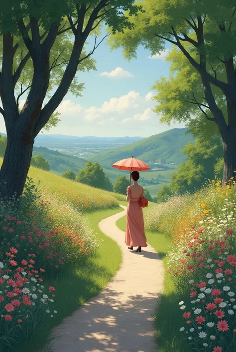 A wild pathway spilling with summer flowers, a distant view of a noblewoman passing by with a parasol, the figure of the noblewoman blending into the landscape, the scene of Cézannes painting, illustration, and the best quality of the picture.