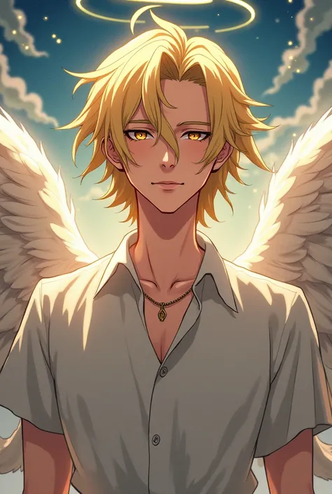 create an angel style hazbin hotel and anime with medium long blonde hair perfect man of beautiful ANGEL Man With style of hazbin hotel and anime