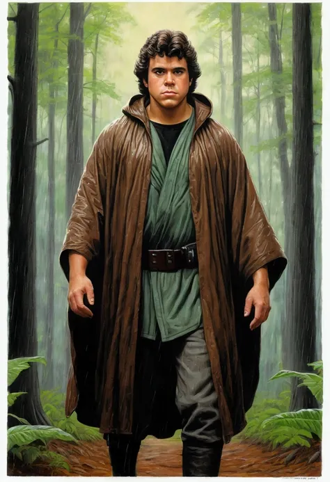 An illustrated movie poster, hand-drawn, full color, a young Jedi, 18-years-old, male, wearing a dark rain poncho, portly figure, broad shoulders, muscular, hairy body, lost of body hair, brown eyes, brown-black hair, curly quiff, sun-tanned skin, resemble...