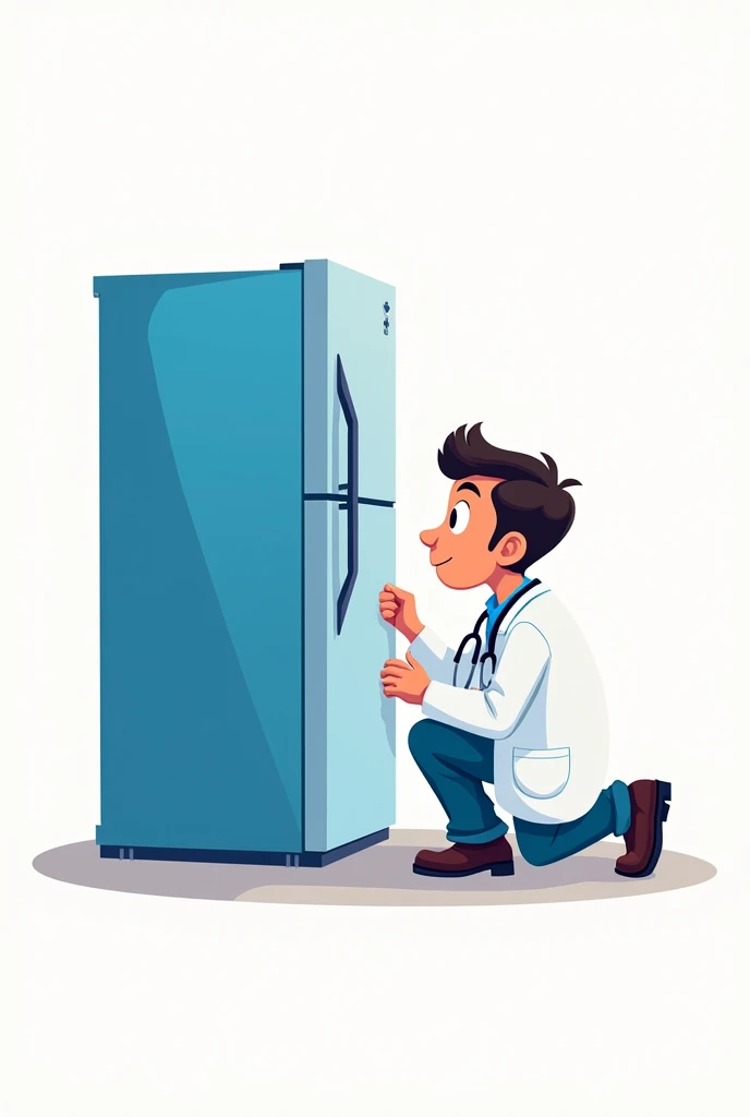 A cartoon logo of a refrigerator, a human crouching down, placing a stethoscope on it, and the name Frio Tec, slogan for cold technicians 