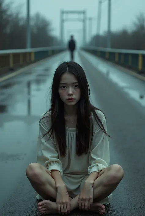 a 20 year old girl with very white skin, long and very straight dark brown hair, dark brown eyes, She is very sad and is sitting on a road bridge, In the distance of the bridge you can see the reflection of a person who is approaching her but his face cann...