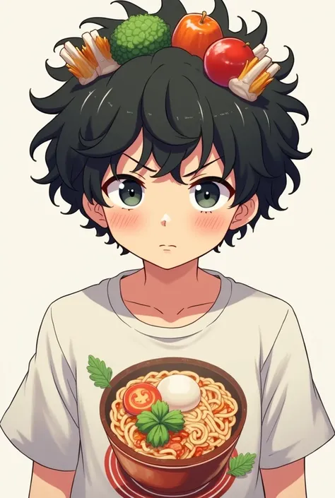 A 2 man with 2 cm curly black hair and a medium build with a Lacky brand instant soup theme. His curly hair must have some instant soup vegetables simulating that they are instant soup noodles and his shirt must have an instant soup print. It must be like ...