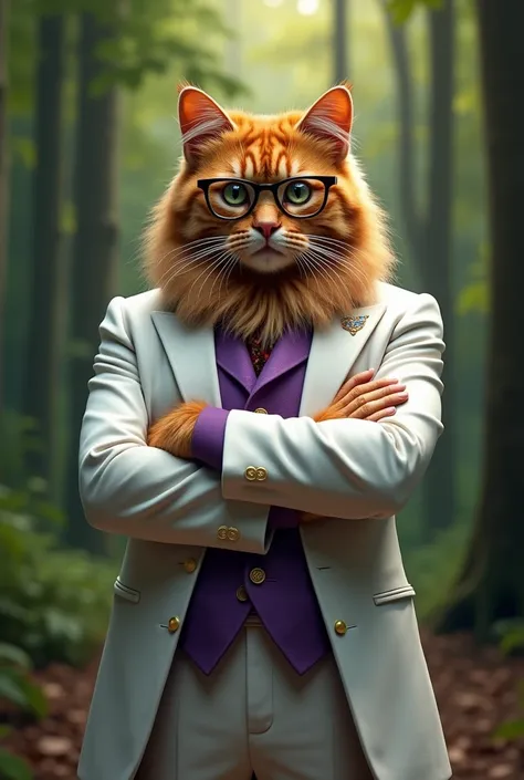 Photo Realistic Ultra Hd long-haired ginger maine coon cat Coat cambridge Blue and red Imposing with White Suit Purple Breastplate Wearing Glasses Forest Background Arms Crossed