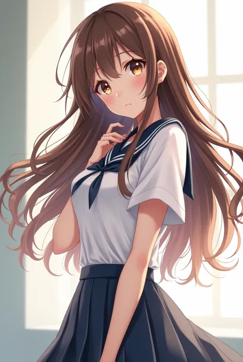 Beautiful brunette anime woman dressed in school uniform