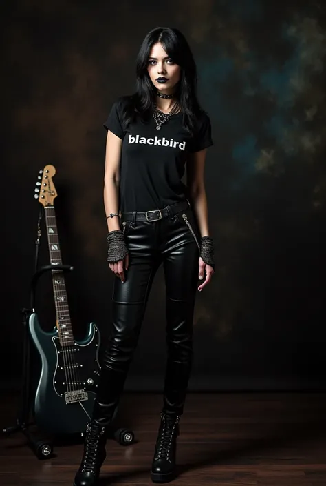 Black lipstick beautiful, full body, gothic, rocker, wearing a t-shirt with the text "Blackbird", leather boots, an electric guitar behind her, HD, super realistic, photography, Canon Rebel, nice pretty body, rockstar style