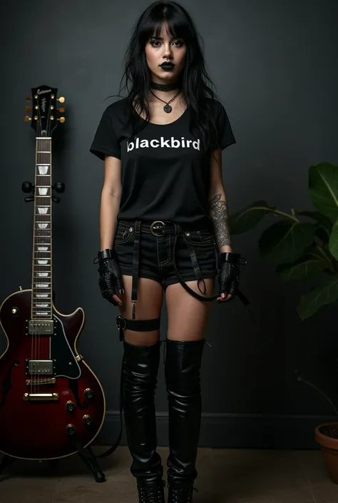 Black lipstick beautiful, full body, gothic, rocker, wearing a t-shirt with the text "Blackbird", leather boots, an electric guitar behind her, HD, super realistic, photography, Canon Rebel, nice pretty body, rockstar style