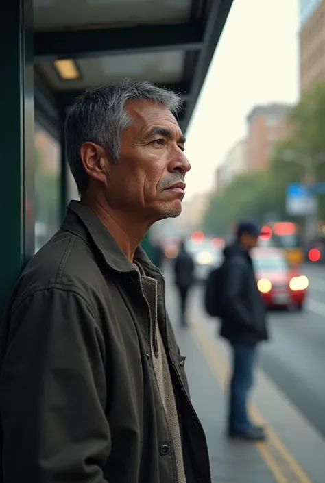 ( from the chest up) 
person waiting for the bus 