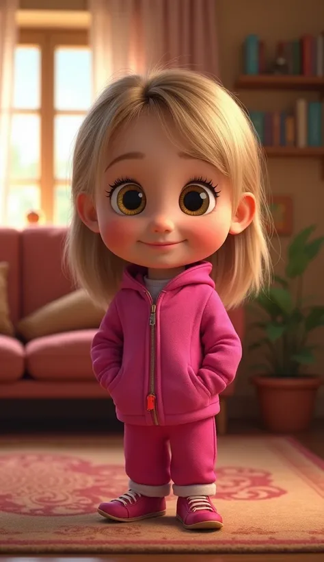 Masha, from the cartoon masha and the bear. Ultra realistic looking at the camera. In a pink outfit in a beautiful setting in a house in the living room