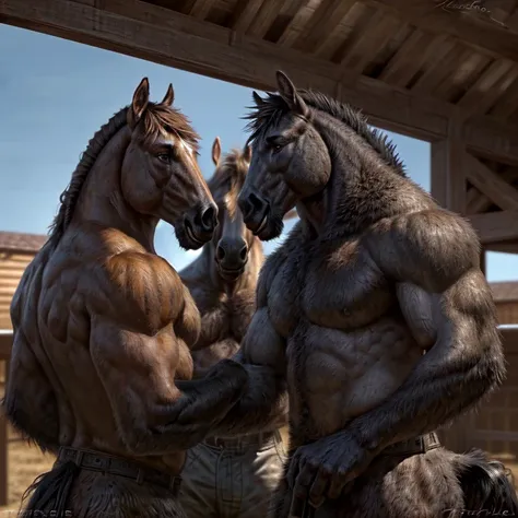 ((Trio)), anthro horses, males, (3boys), (different fur colors), grey fur, brown fur, black fur, handsome, (Correct anatomy, big, muscular), (realistic fur, detailed fur texture:1.3), Detailed horse stable background, Photorealistic, hyperrealistic, Ultra-...