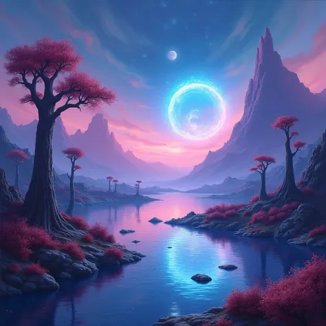 In this visually stunning image - perhaps a breathtaking painting - we find ourselves on an alien planet, overlooking a vast valley landscape. The scene is adorned with vibrant neon lights that seem to dance against the far horizons. A few sparse trees, th...