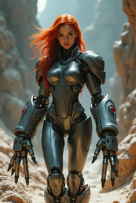 Woman with drill arms, with long red hair, on a metal planet.