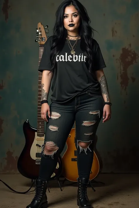 Black lipstick beautiful, full body, gothic, rocker, wearing a t-shirt with the text "Blackbird", leather boots, an electric guitar behind her, HD, super realistic, photography, Canon Rebel, nice pretty body, rockstar, torn clothes, in real life