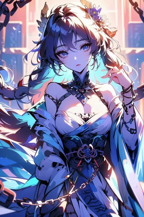 1 girl close up on face, beautiful and aesthetic, gorgeous, masterpiece, Best Quality, fantastic atmosphere, Soothing palette, Quiet, Soft shading, priestess with many chains around her body