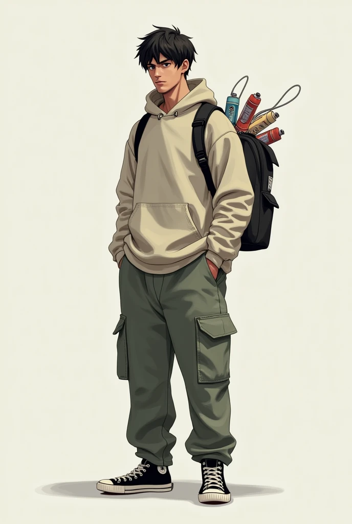 The sweatshirt is closed, he doesnt have green pants, they are medium-sized, like a rat-colored one, the shoes are black with white, and he doesnt wear that red shirt, which has a backpack full of graffiti cans on the back.