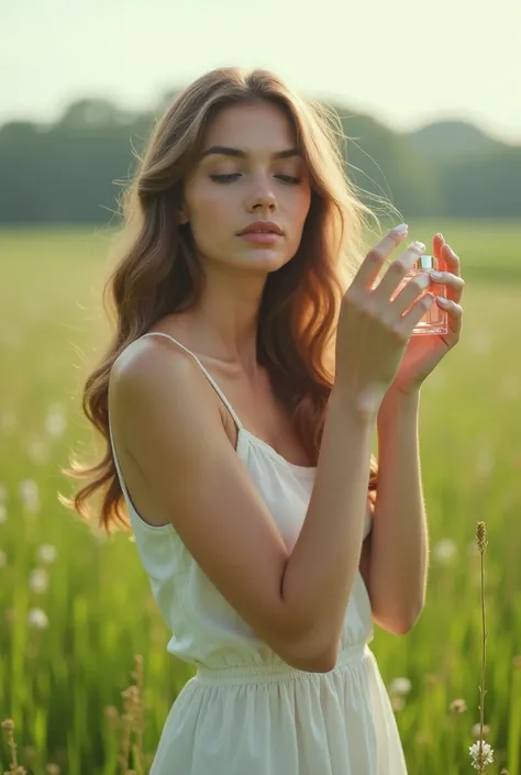 A woman in the field spraying perfume on her hair, light brown hair, UHD