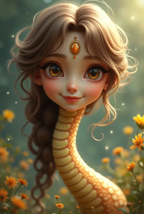 snake girl with cute eyelashes and smile with brown hair
