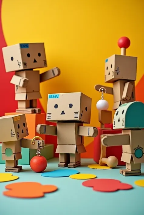 Create a picture of handmade smart cardboard toys for kids with colorful background




