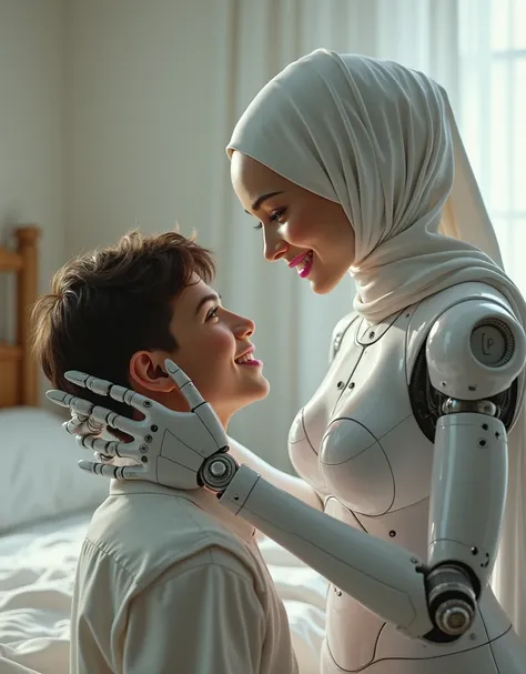 mommy robot wearing hijab, big breasts, white body, robot arm, smlie, pink lips, long nails, and tickling the teenage boy on the bedroom